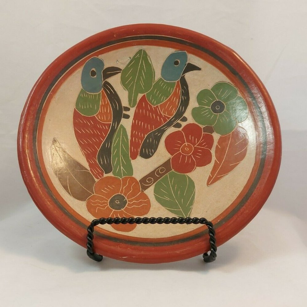 Vintage Mayan Pottery Plate Hand Painted Parrots Flowers Terracota 8.5"